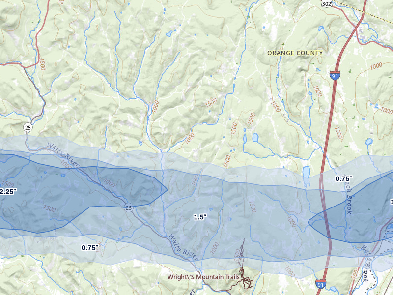 NEXRAD radar-signature map of the hail over Topsham, VT