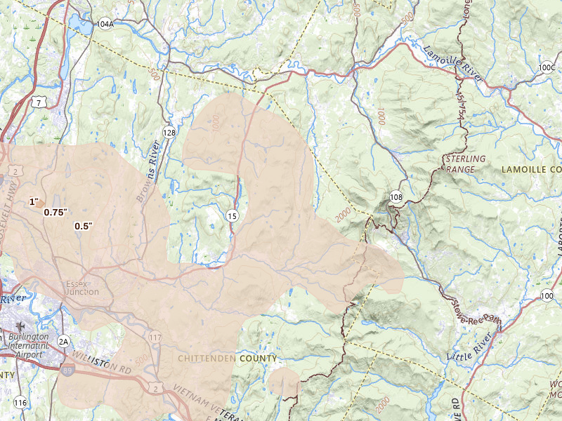 Radar-estimated hail-size map of the storm over Underhill, VT on Jul 1, 2026