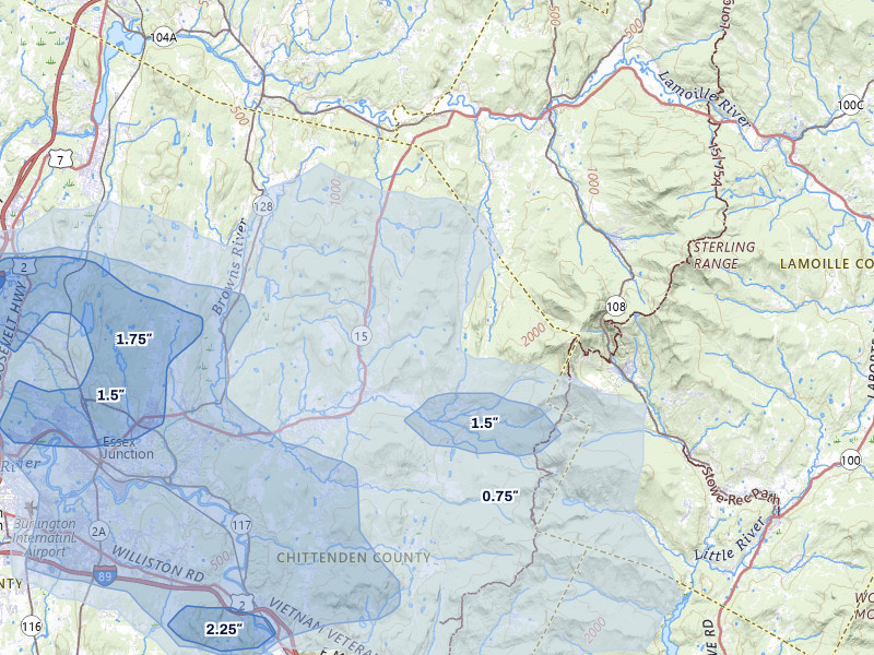 NEXRAD radar-signature map of the hail over Underhill, VT