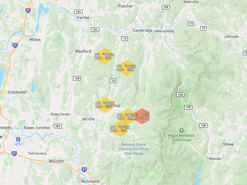 Hail map of Underhill, VT on Jul 1, 2026, hail up to 1.5"