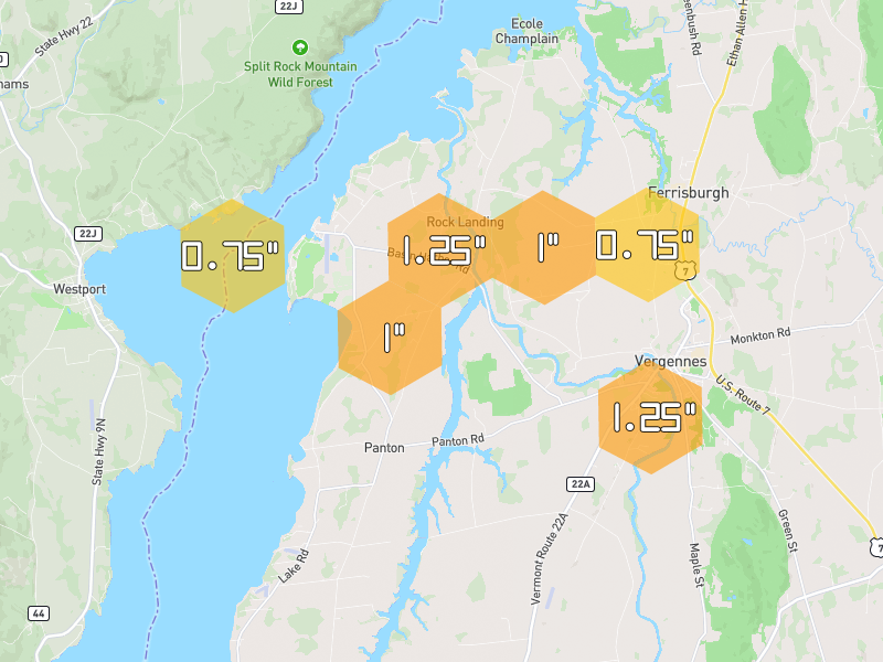 Hail map of Vergennes, VT on Jul 2, 2026, hail up to 1.25"