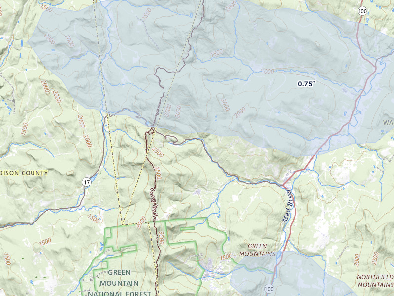 NEXRAD radar-signature map of the hail storm over Waitsfield, VT on Jul 1, 2026