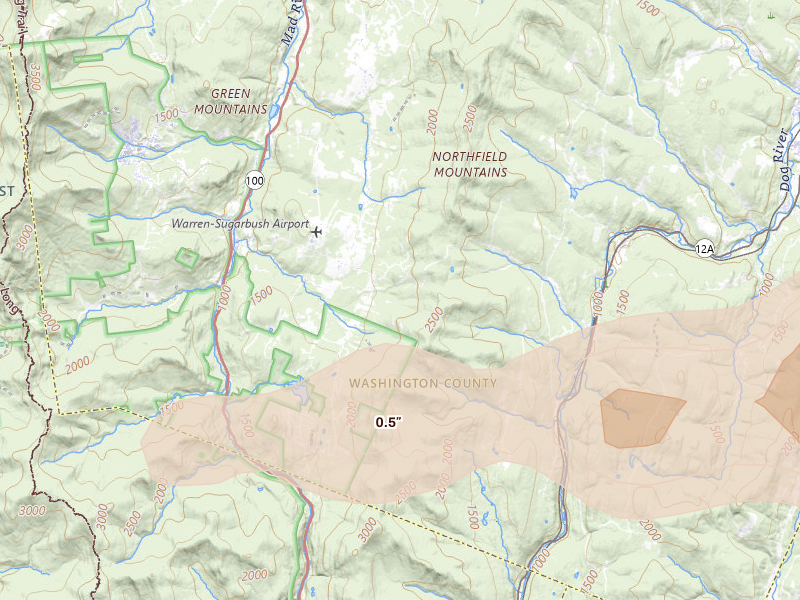 Radar-estimated hail-size map of the storm over Warren, VT on Apr 16, 2026