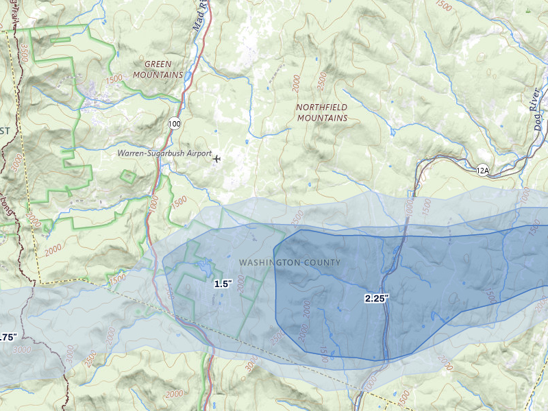 NEXRAD radar-signature map of the hail over Warren, VT