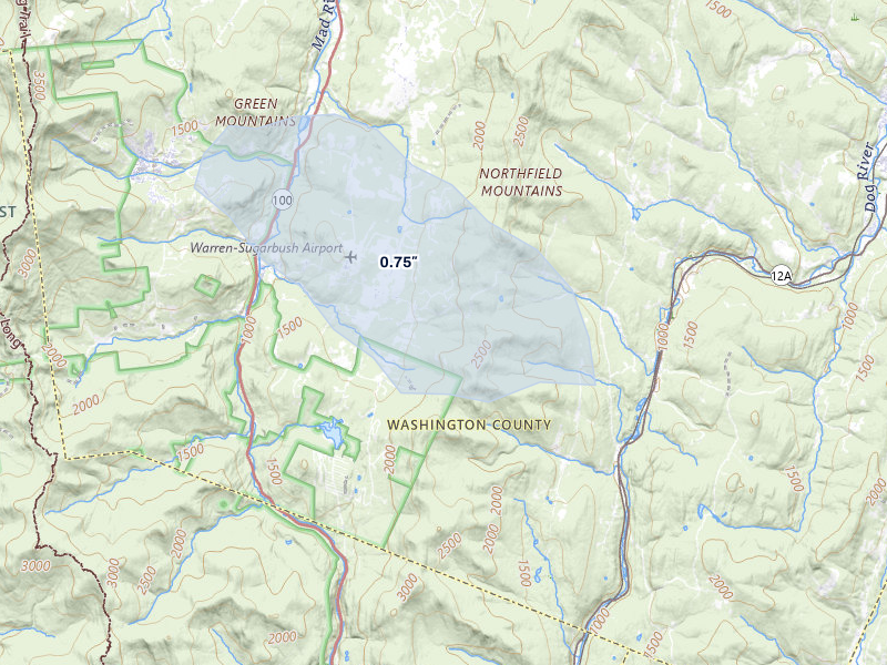 NEXRAD radar-signature map of the hail storm over Warren, VT on Jul 1, 2026