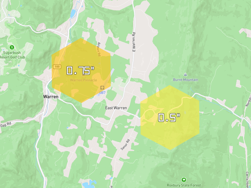 Hail map of Warren, VT on Jul 2, 2026, hail up to 0.75"