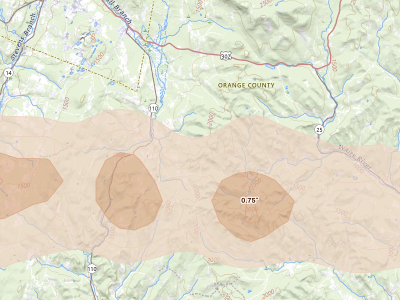 Radar-estimated hail-size map of the storm over Washington, VT on Apr 16, 2026