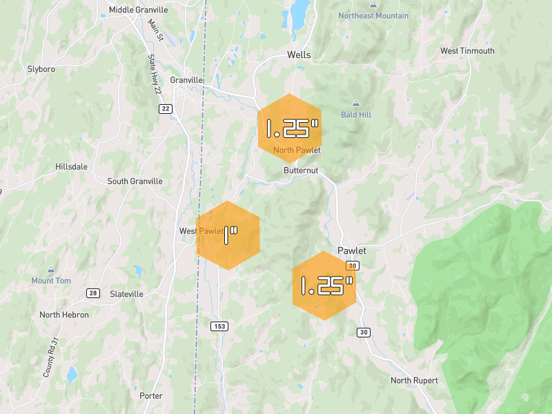 Hail map of Wells, VT on Jul 2, 2026, hail up to 1.25"