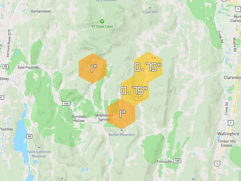 Hail map of West Rutland, VT on Jul 2, 2026, hail up to 1"