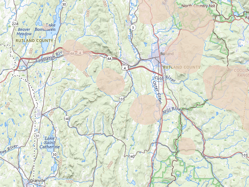 Radar-estimated hail-size map of the storm over West Rutland, VT on Jul 14, 2026