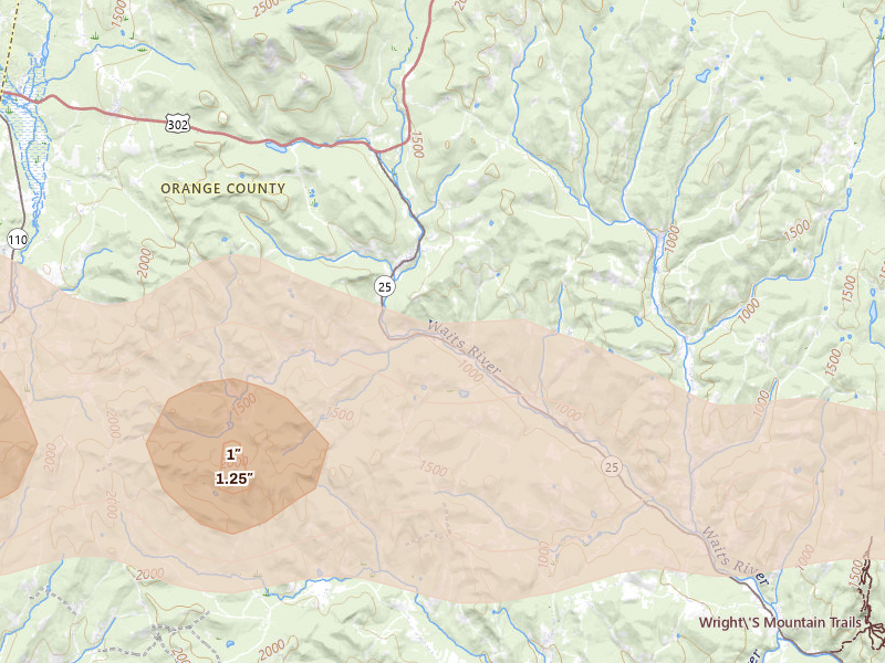 Radar-estimated hail-size map of the storm over West Topsham, VT on Apr 16, 2026