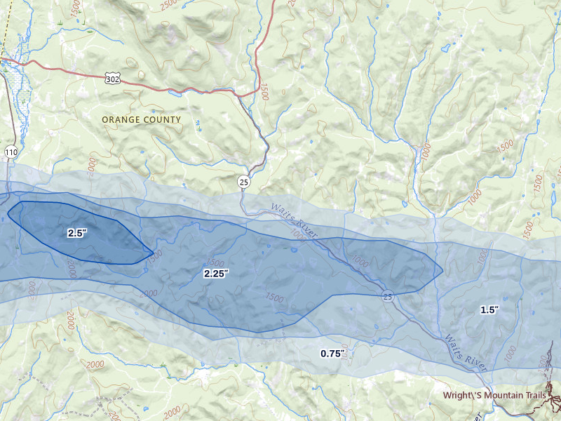 NEXRAD radar-signature map of the hail over West Topsham, VT