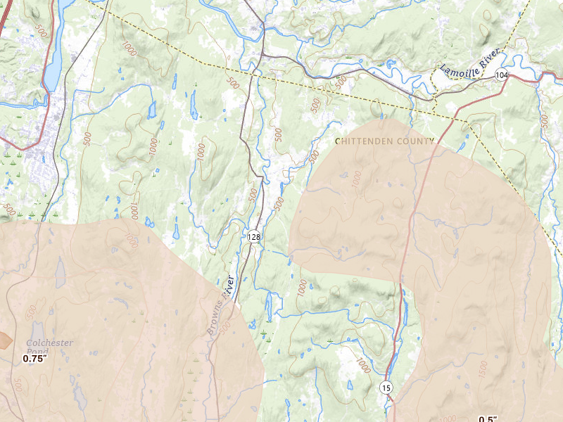 Radar-estimated hail-size map of the storm over Westford, VT on Jul 1, 2026