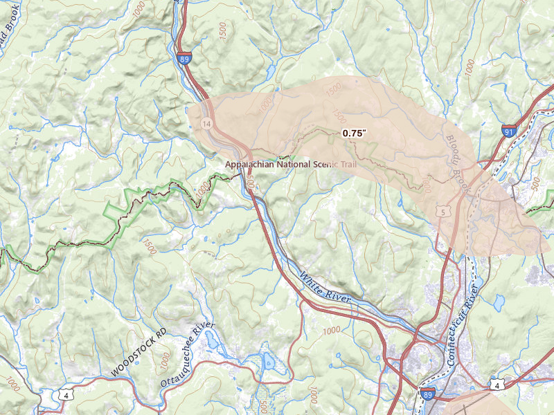 Radar-estimated hail-size map of the storm over White River Junction, VT on Jul 1, 2026