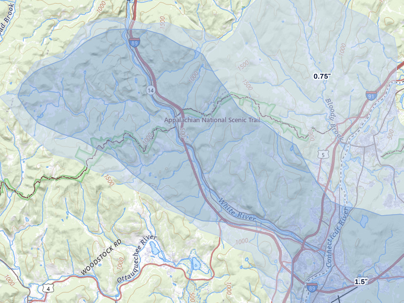 NEXRAD radar-signature map of the hail storm over White River Junction, VT on Jul 1, 2026
