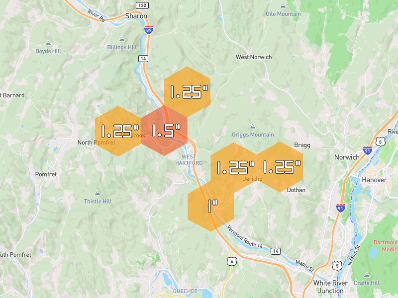 Hail map of White River Junction, VT on Jul 2, 2026, hail up to 1.5"