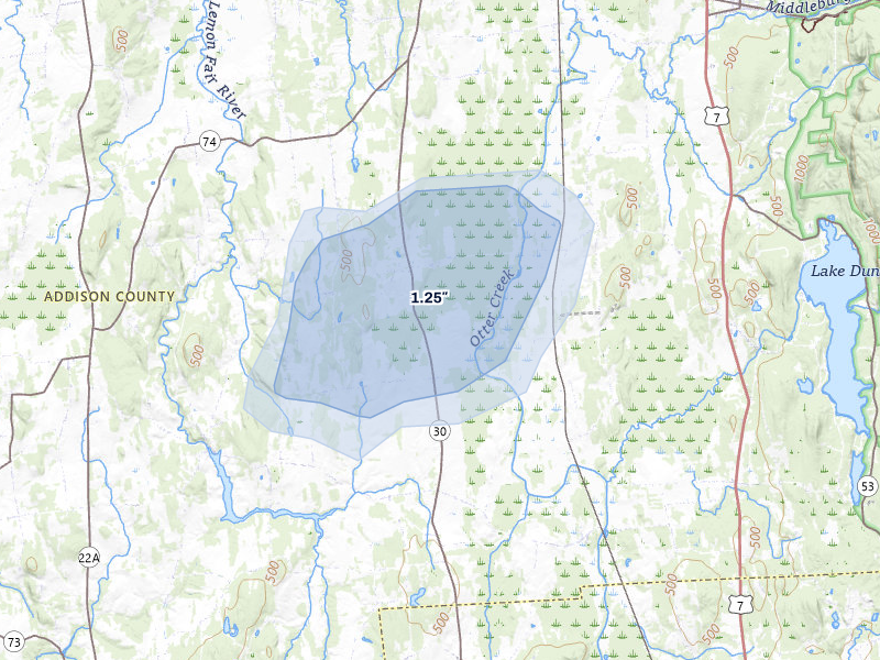 NEXRAD radar-signature map of the hail over Whiting, VT