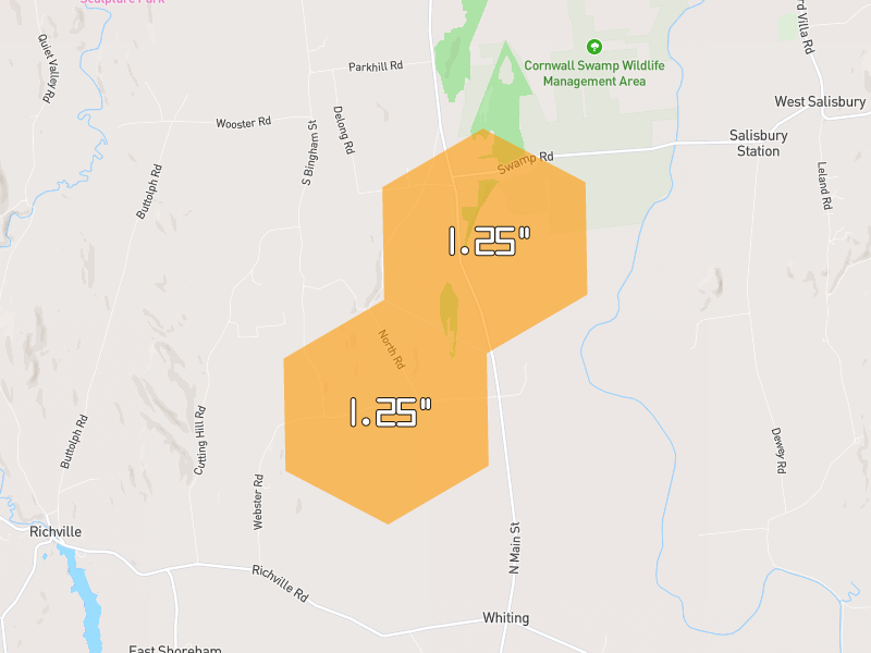 Hail map of Whiting, VT on Jul 2, 2026, hail up to 1.25"