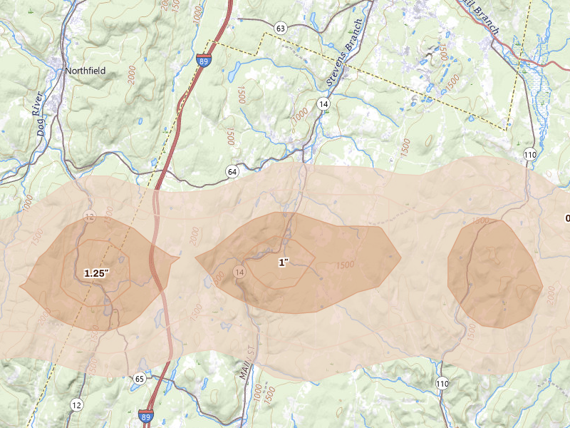 Radar-estimated hail-size map of the storm over Williamstown, VT on Apr 16, 2026