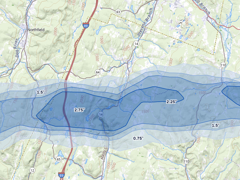 NEXRAD radar-signature map of the hail over Williamstown, VT