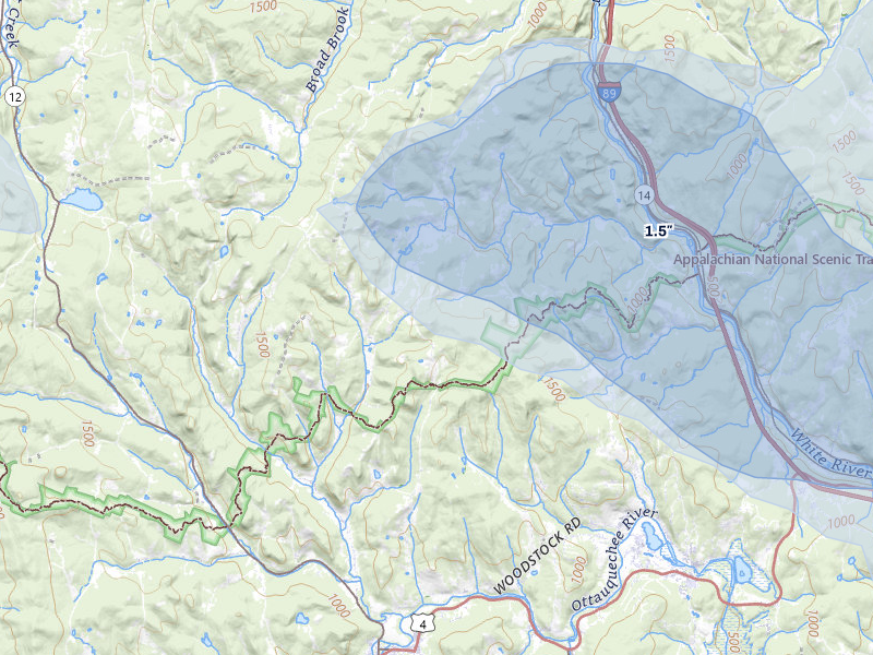 NEXRAD radar-signature map of the hail storm over Woodstock, VT on Jul 1, 2026