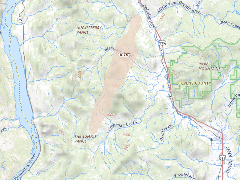 Radar-estimated hail-size map of the storm over Addy, WA on Jul 17, 2026