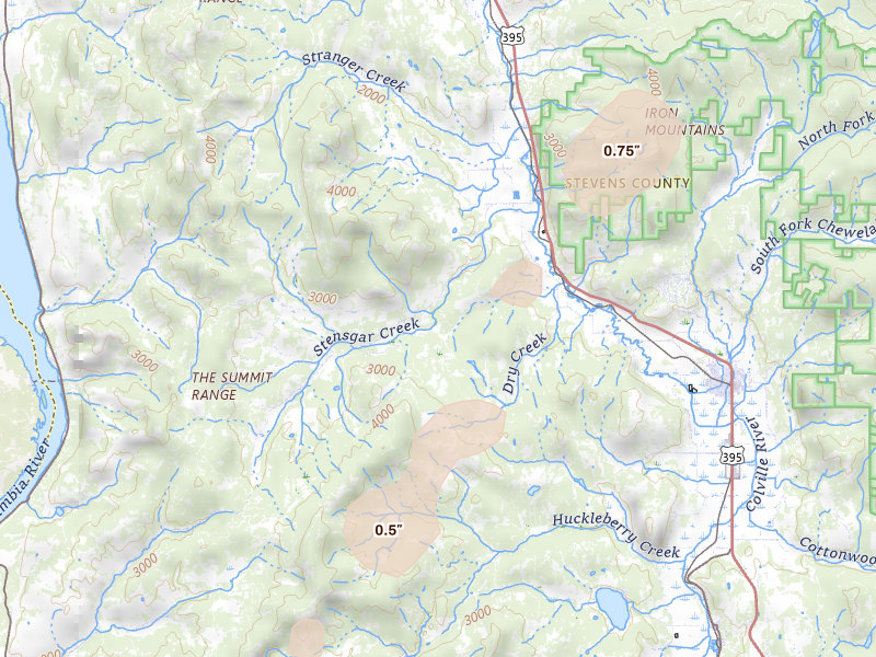 Radar-estimated hail-size map of the storm over Addy, WA on Aug 22, 2026