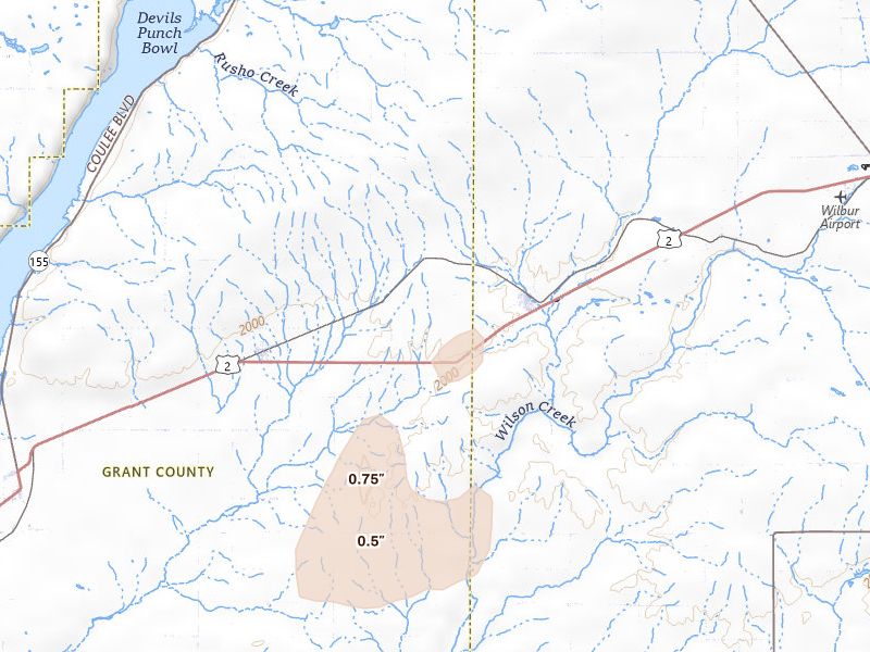 Radar-estimated hail-size map of the storm over Almira, WA on Aug 12, 2026