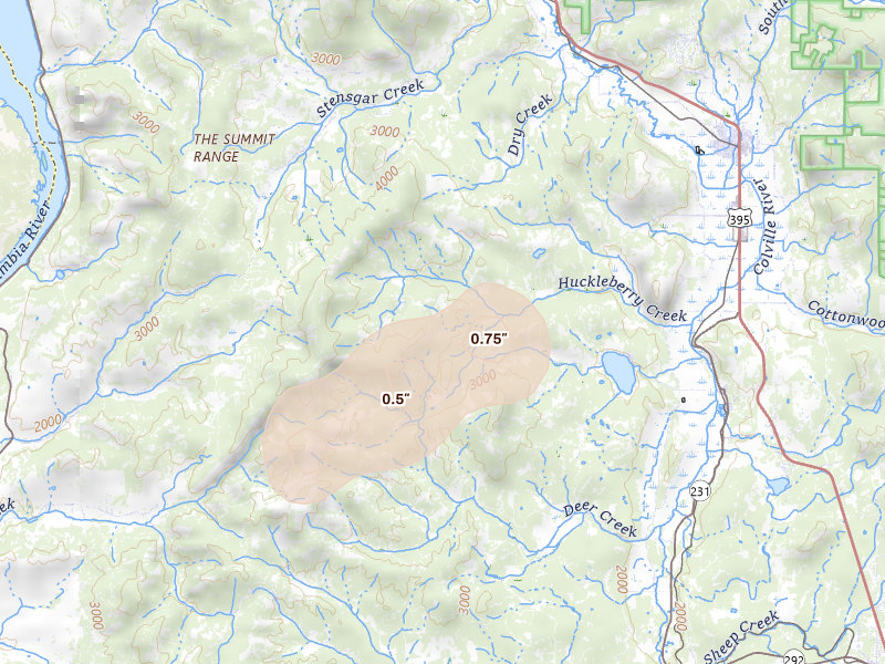 Radar-estimated hail-size map of the storm over Chewelah, WA on Aug 12, 2026
