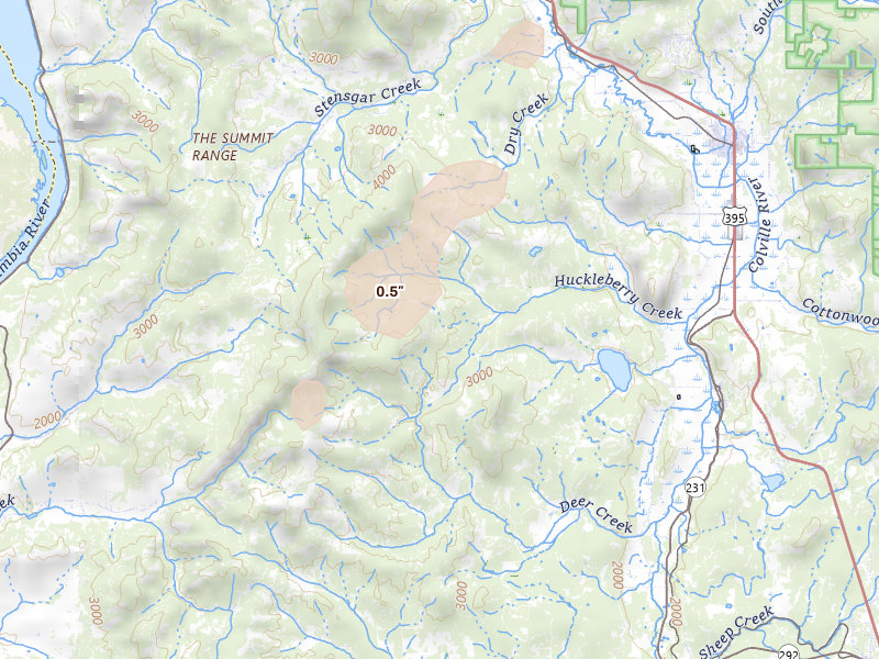 Radar-estimated hail-size map of the storm over Chewelah, WA on Aug 22, 2026