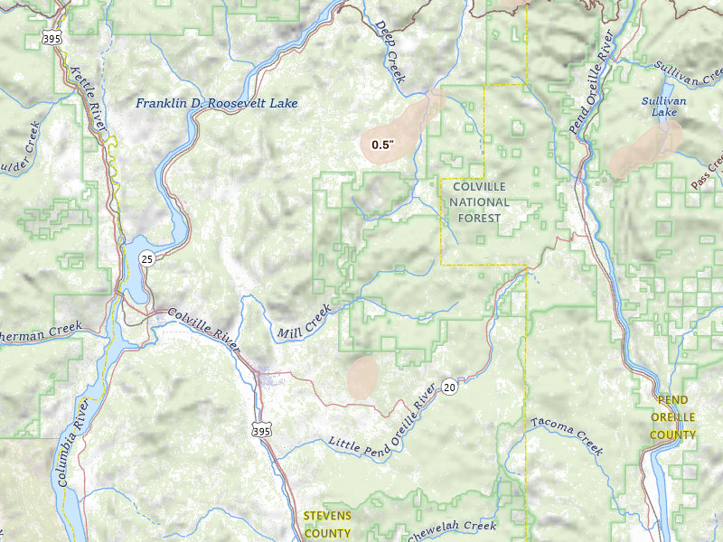 Radar-estimated hail-size map of the storm over Colville, WA on Jun 29, 2026