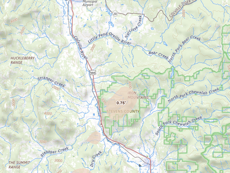 Radar-estimated hail-size map of the storm over Colville, WA on Aug 22, 2026