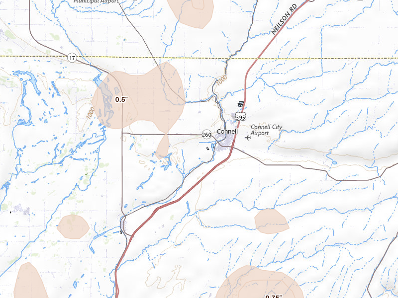 Radar-estimated hail-size map of the storm over Connell, WA on May 28, 2026