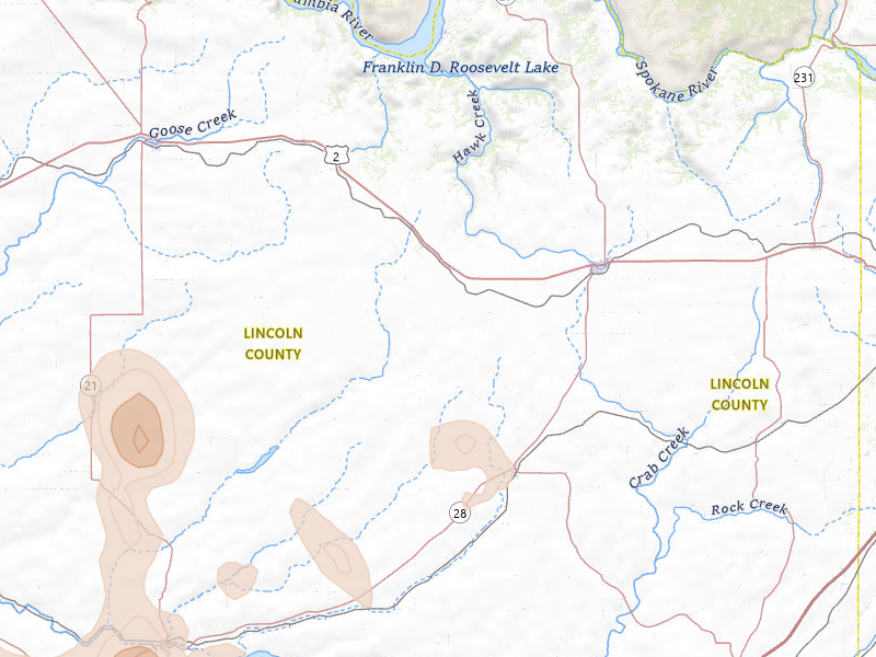 Radar-estimated hail-size map of the storm over Davenport, WA on May 28, 2026