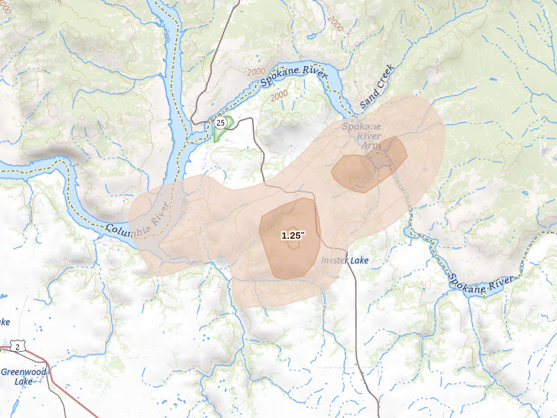 Radar-estimated hail-size map of the storm over Davenport, WA on Aug 12, 2026