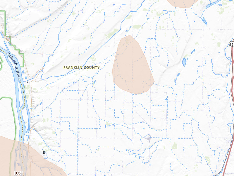 Radar-estimated hail-size map of the storm over Eltopia, WA on May 28, 2026