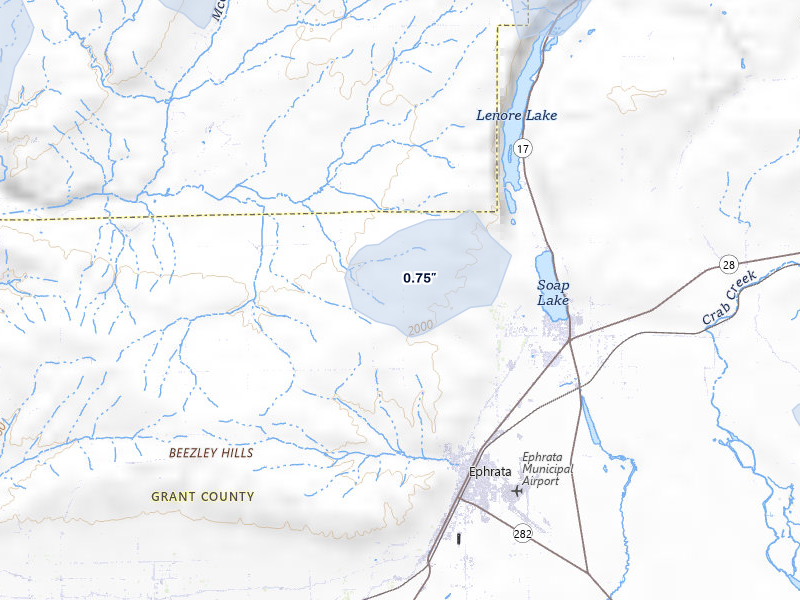 NEXRAD radar-signature map of the hail storm over Ephrata, WA on May 28, 2026