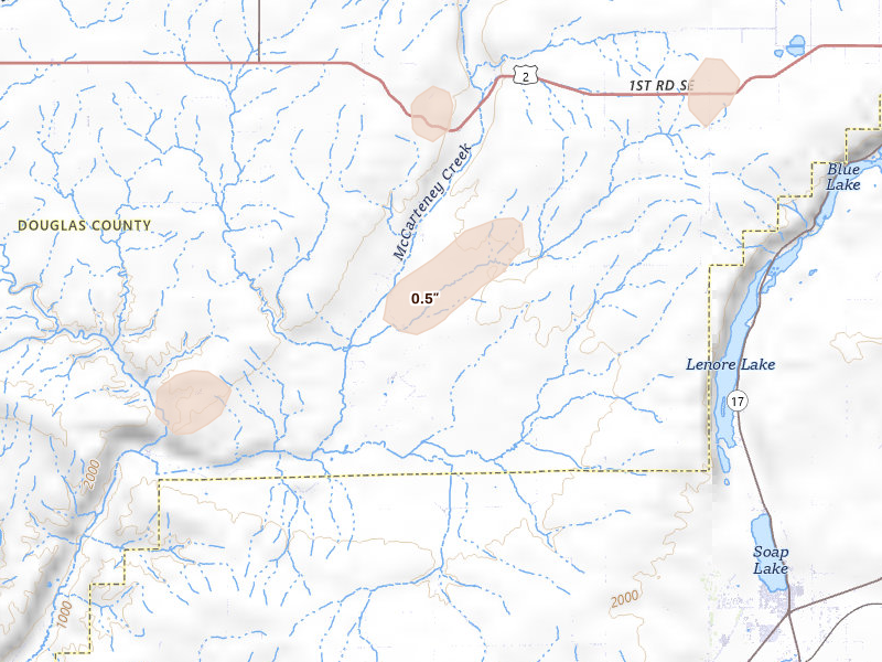 Radar-estimated hail-size map of the storm over Ephrata, WA on Aug 12, 2026