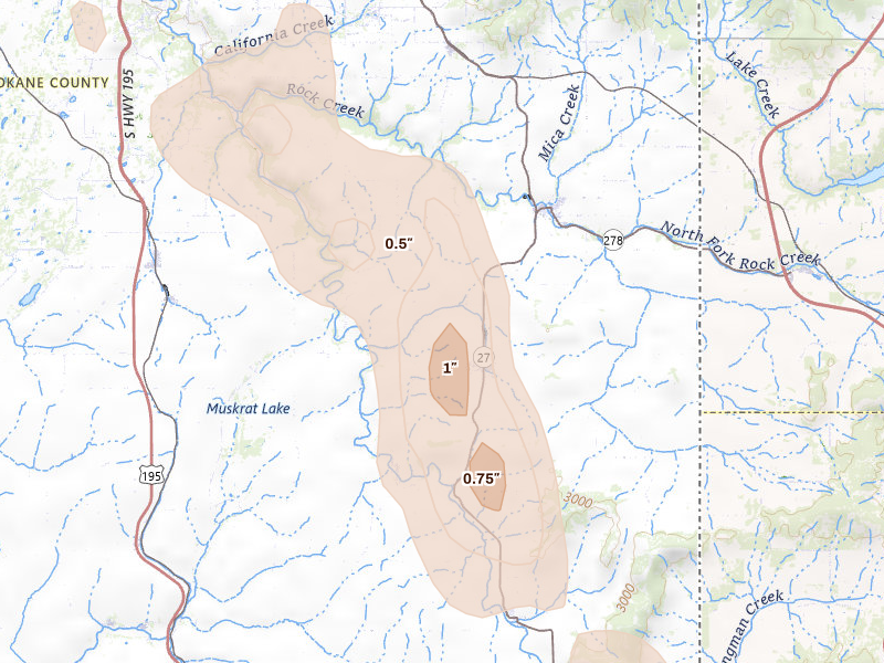 Radar-estimated hail-size map of the storm over Fairfield, WA on May 28, 2026