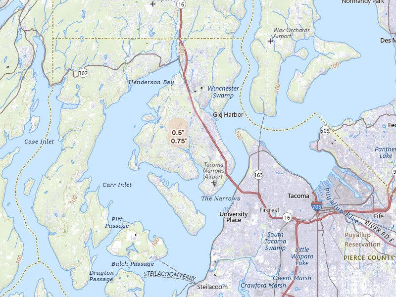 Radar-estimated hail-size map of the storm over Gig Harbor, WA on Jan 11, 2026