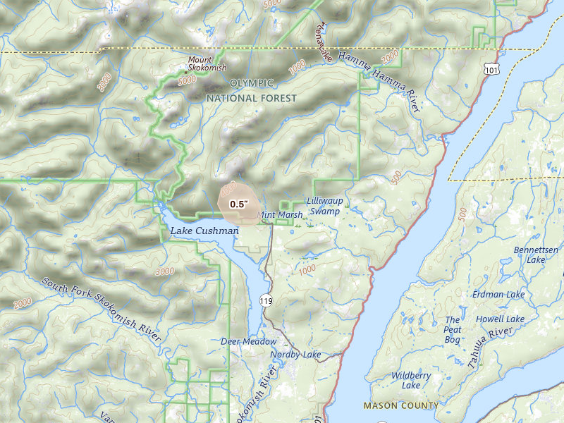 Radar-estimated hail-size map of the storm over Hoodsport, WA on Jun 24, 2026