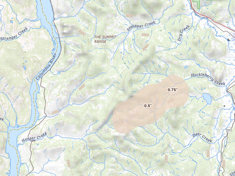 Radar-estimated hail-size map of the storm over Hunters, WA on Aug 12, 2026