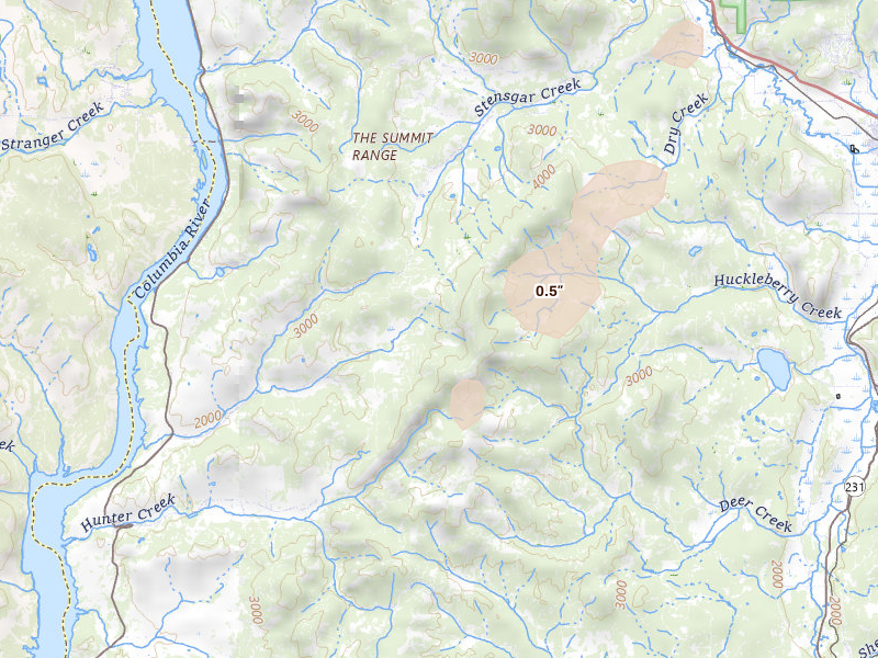 Radar-estimated hail-size map of the storm over Hunters, WA on Aug 22, 2026