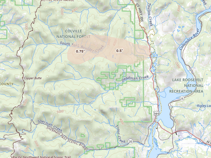 Radar-estimated hail-size map of the storm over Kettle Falls, WA on Jul 15, 2026