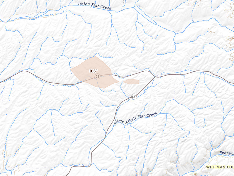 Radar-estimated hail-size map of the storm over Lacrosse, WA on May 16, 2026