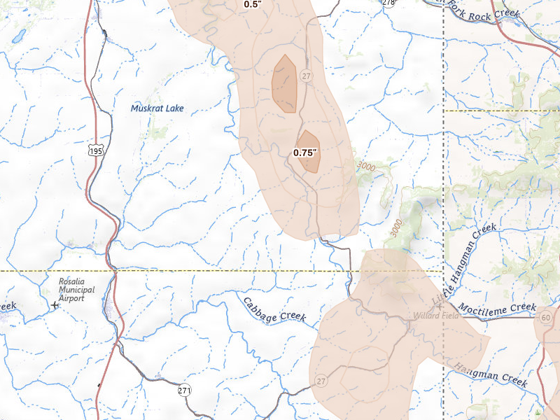 Radar-estimated hail-size map of the storm over Latah, WA on May 28, 2026
