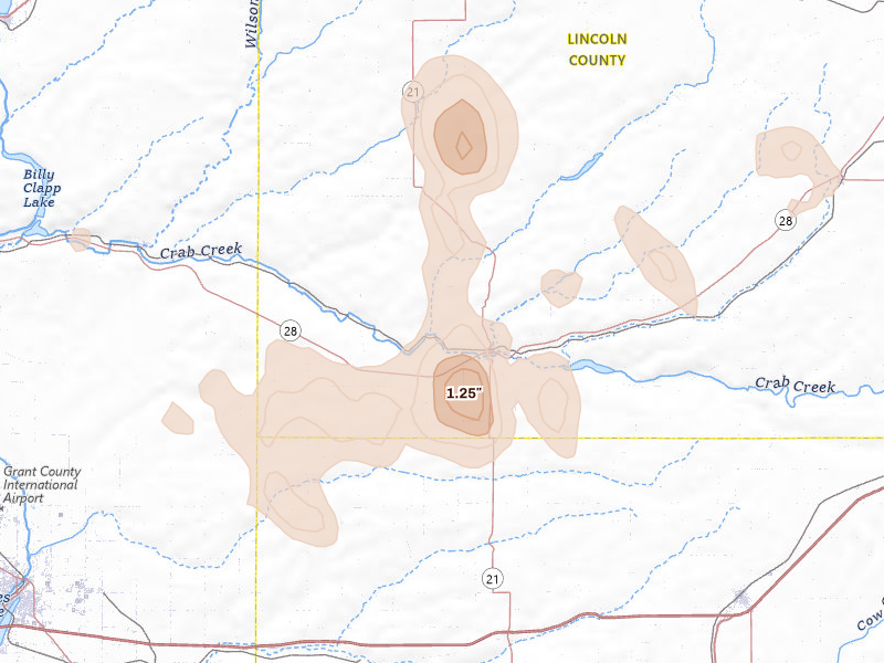 Radar-estimated hail-size map of the storm over Odessa, WA on May 28, 2026