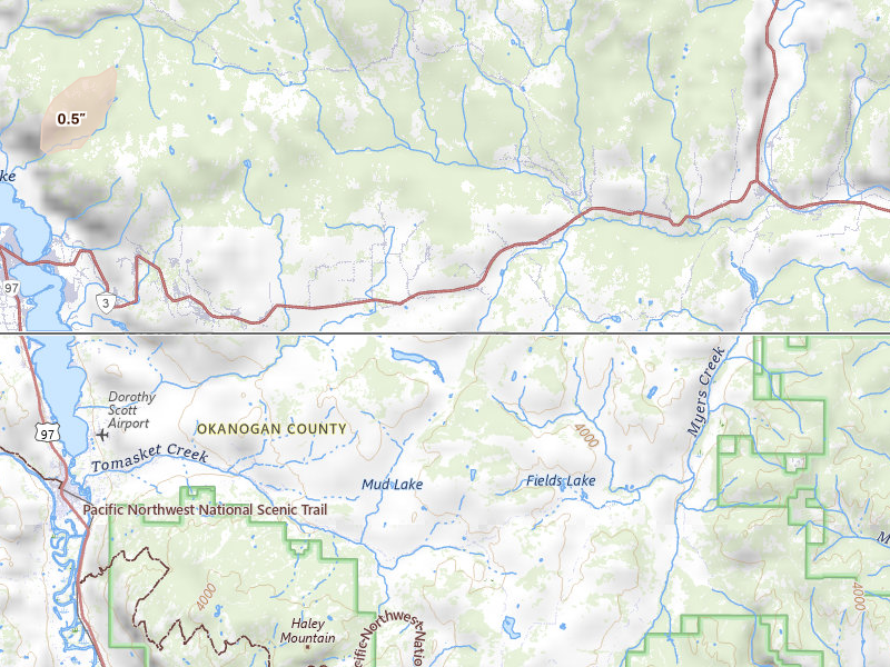 Radar-estimated hail-size map of the storm over Oroville, WA on Jul 23, 2026