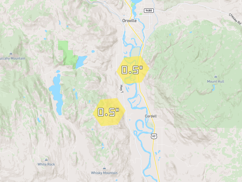 Hail map of Oroville, WA on Jul 24, 2026, hail up to 0.5"