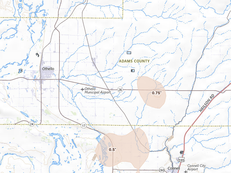 Radar-estimated hail-size map of the storm over Othello, WA on May 28, 2026
